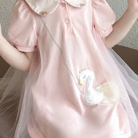 Girls Pink Swan Applique Tulle Overlay A-Line Dress Casual Dresses