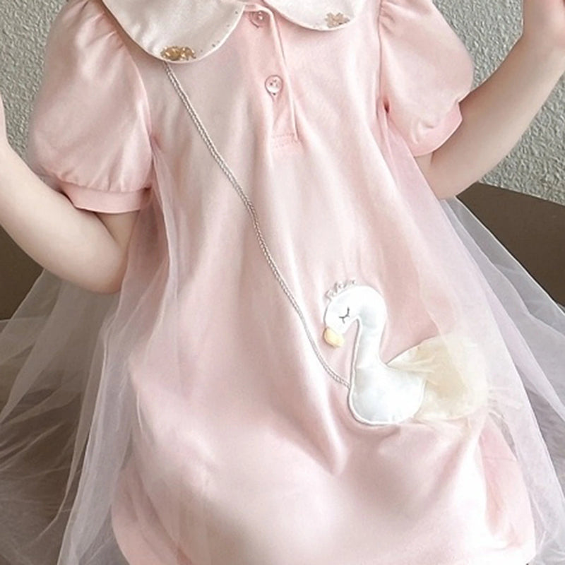 Girls Pink Swan Applique Tulle Overlay A-Line Dress Casual Dresses