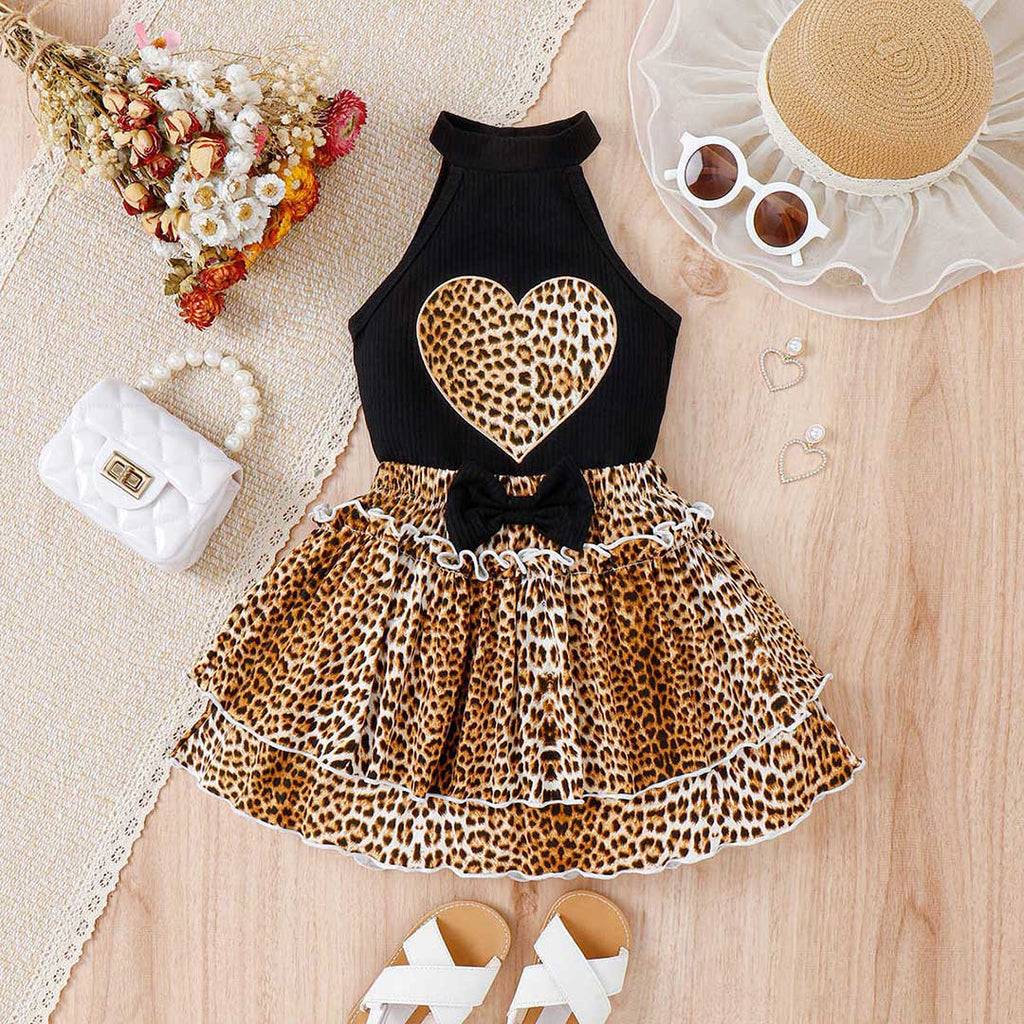 Girls Heart Applique Top With Leopard Print Skirt Set