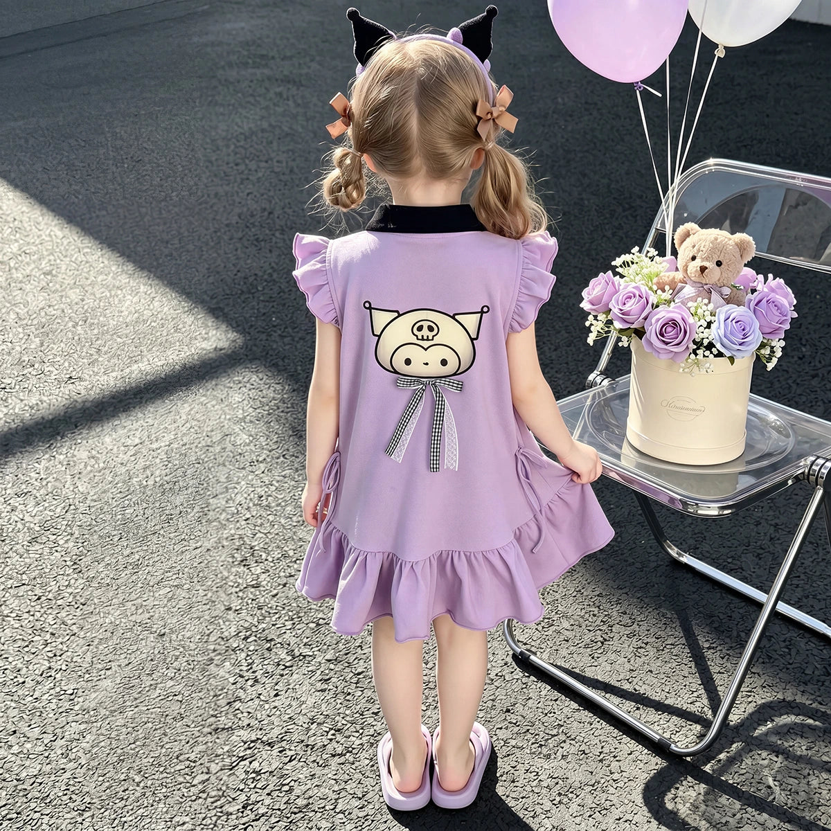 Girls Purple Graphic Print Flutter Sleeve Polo Dress Casual Dresses