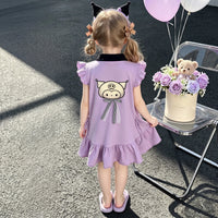 Girls Purple Graphic Print Flutter Sleeve Polo Dress Casual Dresses