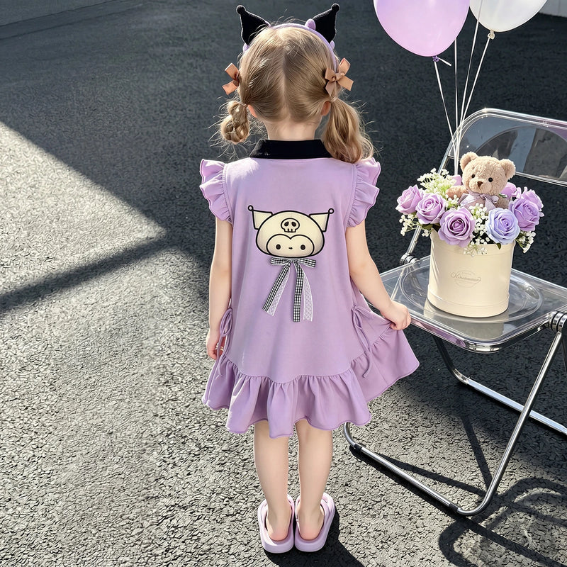 Girls Purple Graphic Print Flutter Sleeve Polo Dress Casual Dresses