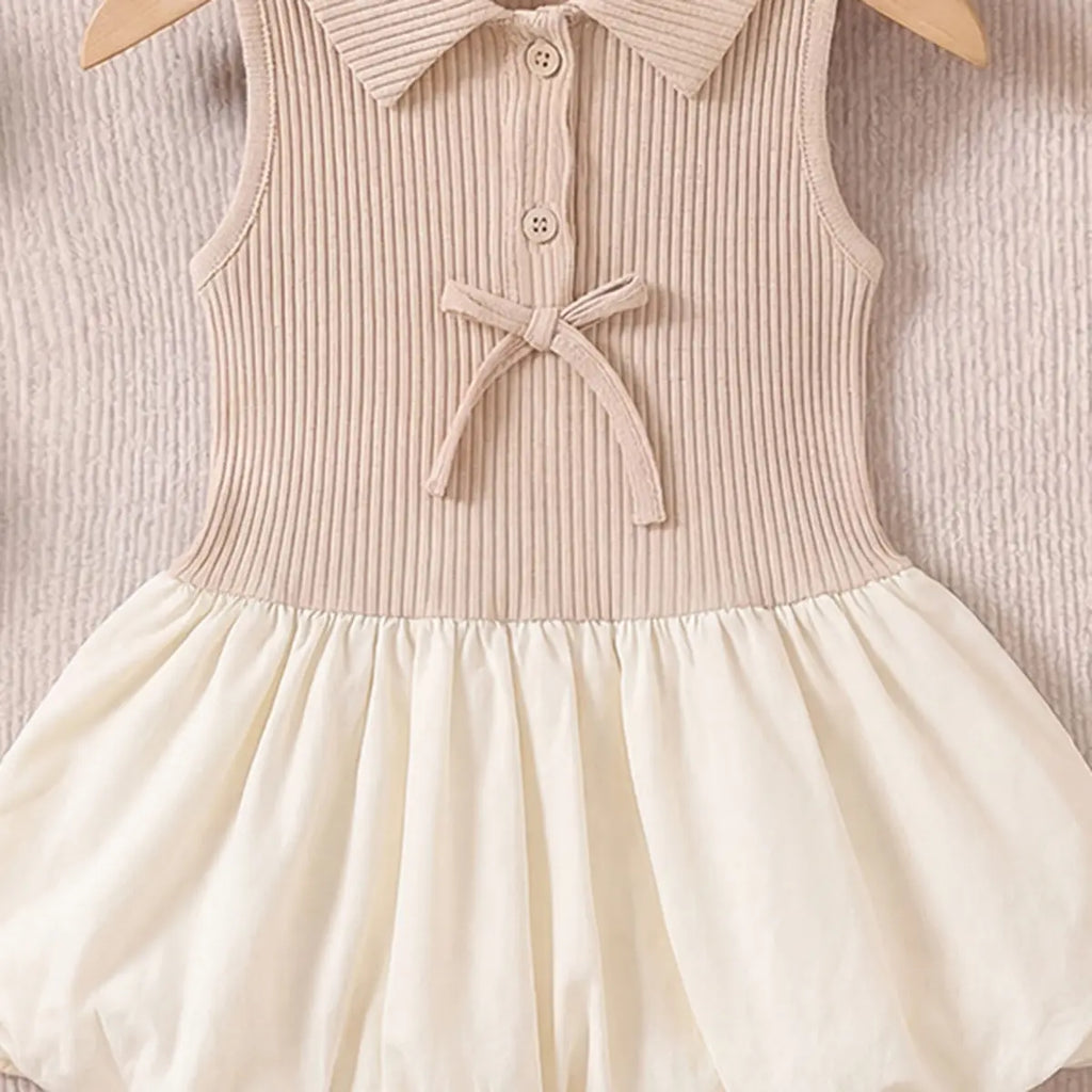 Girls Beige Sleeveless Ribbed Shirt Collar Drop Waist Dress Casual Dresses