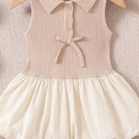 Girls Beige Sleeveless Ribbed Shirt Collar Drop Waist Dress Casual Dresses