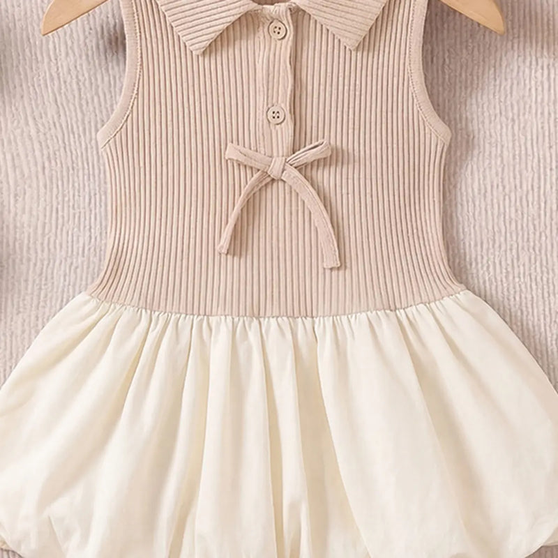 Girls Beige Sleeveless Ribbed Shirt Collar Drop Waist Dress Casual Dresses