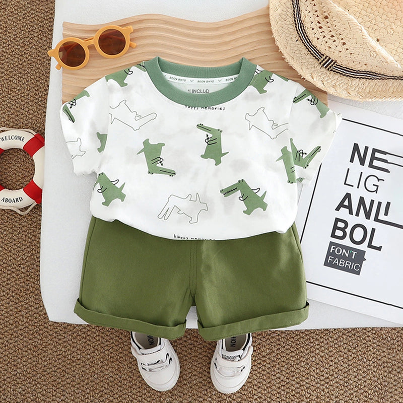 Boys Green Crocodile Printed Short Sleeve T-Shirt With Elasticated Shorts Sets 2 pc. Sets Green 1-2 Y