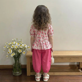 Girls Pink Floral Print Peplum Top With Cropped Pants Set Sets