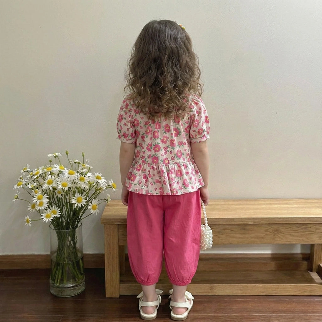 Girls Pink Floral Print Peplum Top With Cropped Pants Set Sets