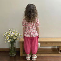 Girls Pink Floral Print Peplum Top With Cropped Pants Set Sets
