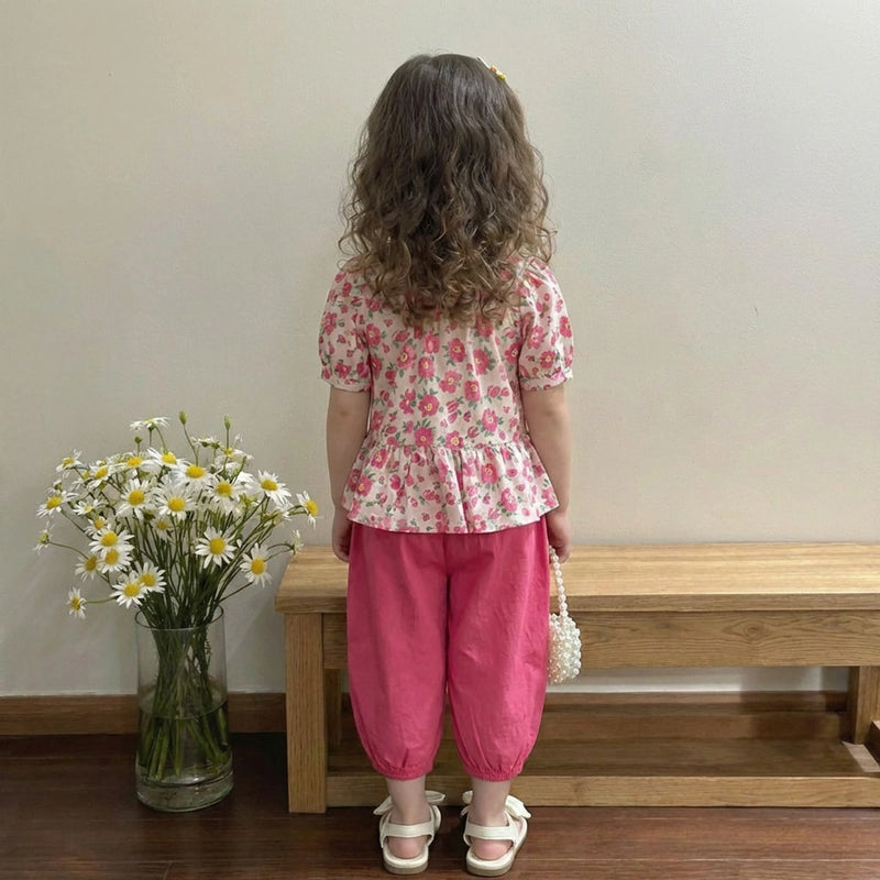 Girls Pink Floral Print Peplum Top With Cropped Pants Set Sets