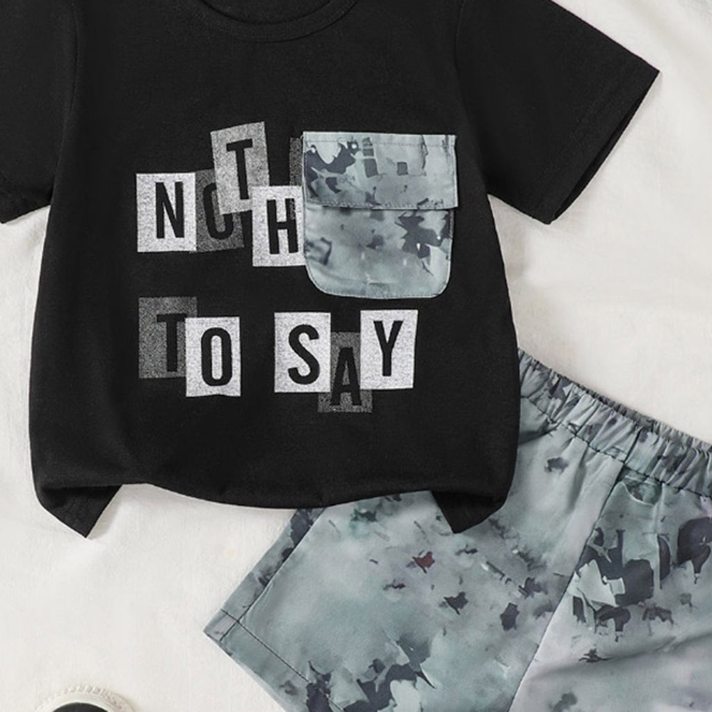 Boys Black Typographic Printed Contrast Patch Pocket T-Shirt With Shorts Set 2 pc. Sets
