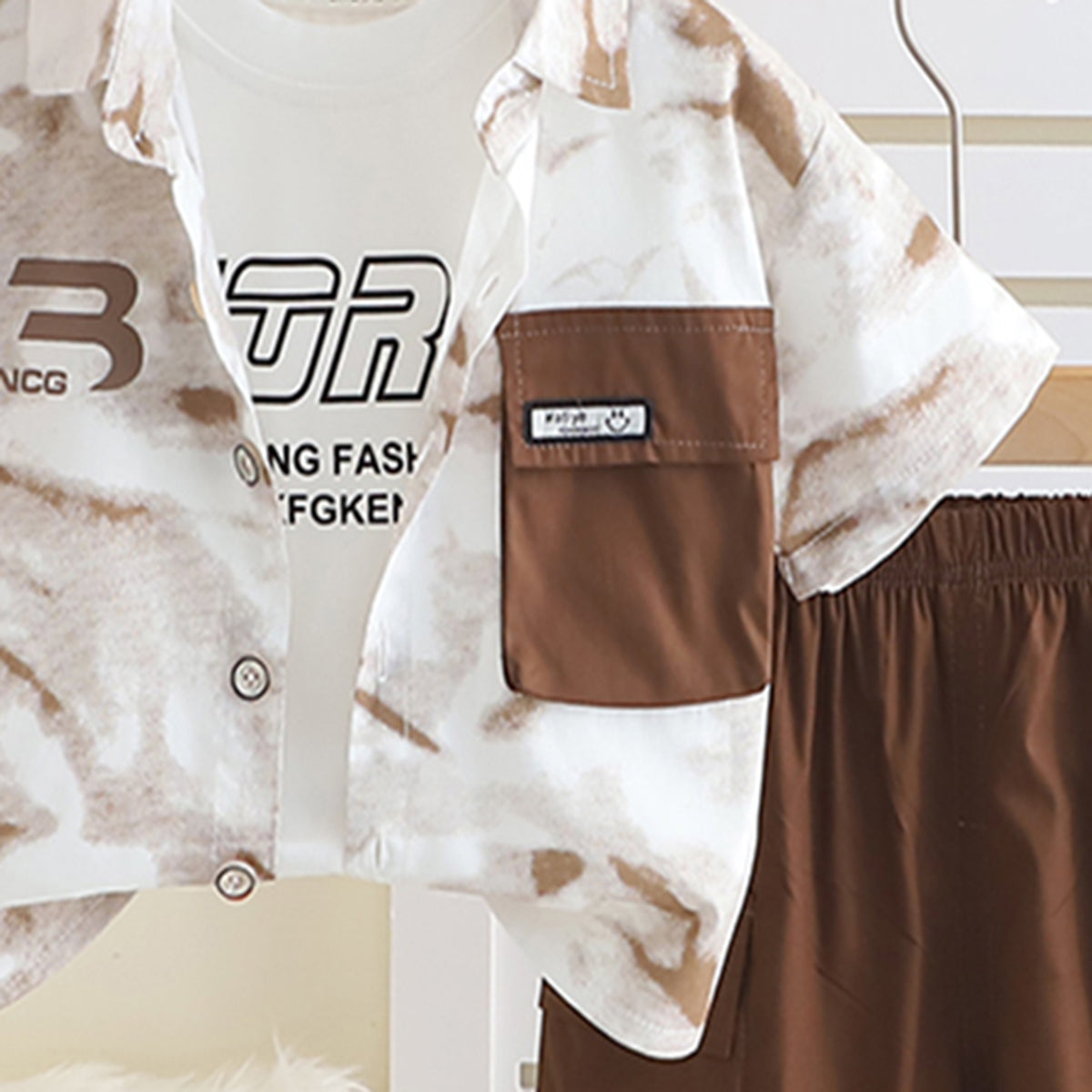 Boys Brown Abstract Printed Short Sleeves Shirt With T-Shirt And Cargo Shorts Set Sets