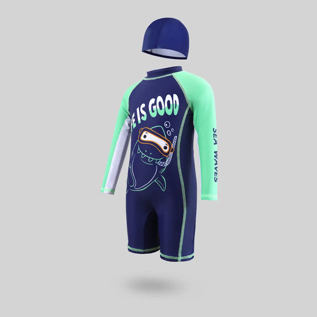 Boys Navy Blue Graphics Swimwear Bodysuit With Swim Cap Beachwear