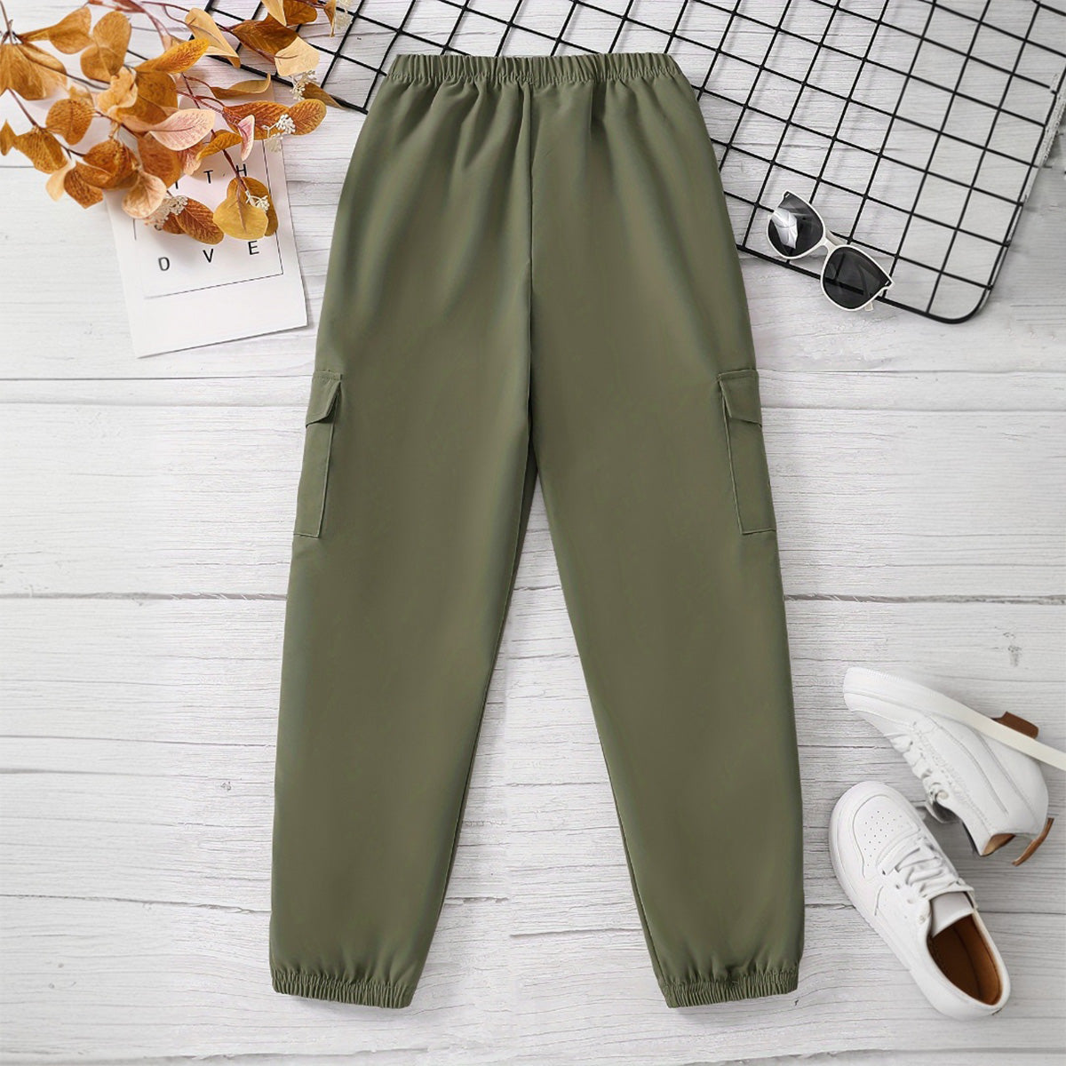 Boys Olive Green Solid Elasticated Bottom Cargo Trouser Cargo Pants