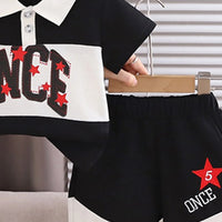 Boys Black Typographic Polo T-Shirt With Elasticated Shorts Sets 2 pc. Sets