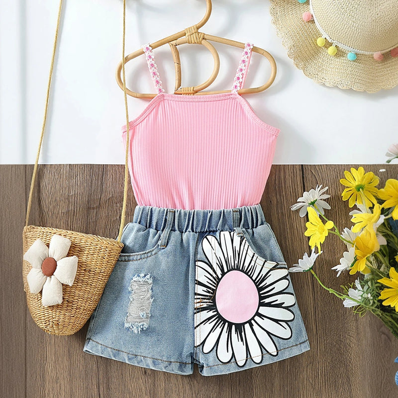 Girls Light Pink Sleeveless Top With Floral Printed Denim Shorts Sets 2 pc. Sets Light Pink 3-4 Y