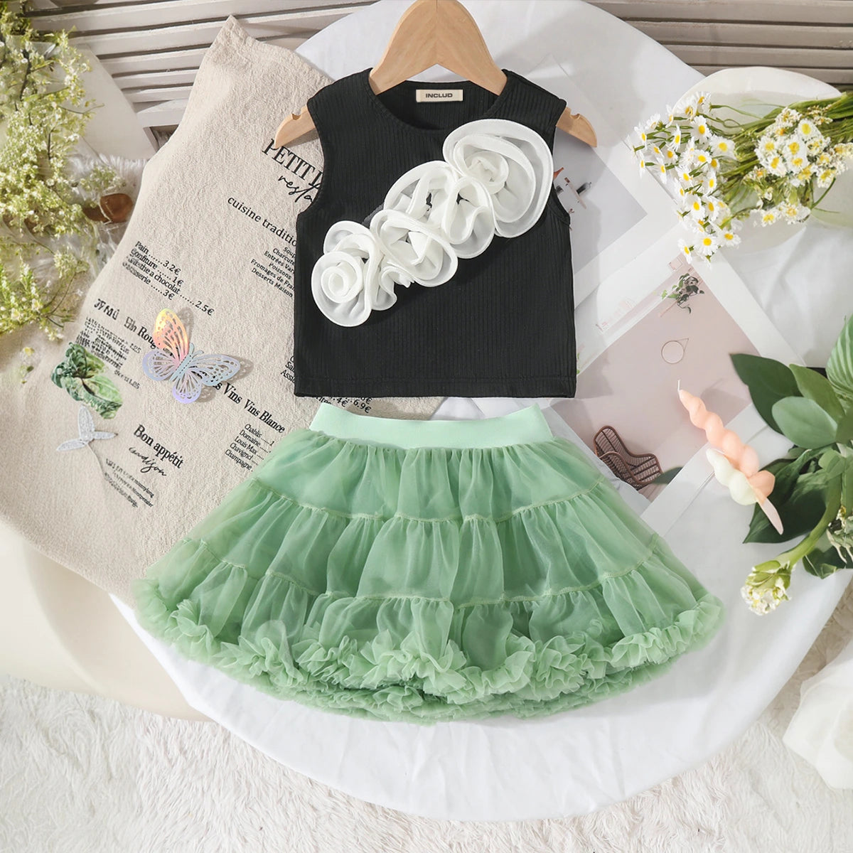 Girls 3D Flowers Applique Top With Green Tiered Tulle Skirts Set Sets Green 3-4 Y