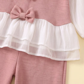 Girls Pink Bow Applique Top With Long Sleeve T-Shirt And Pants Sets 3 pc. Sets