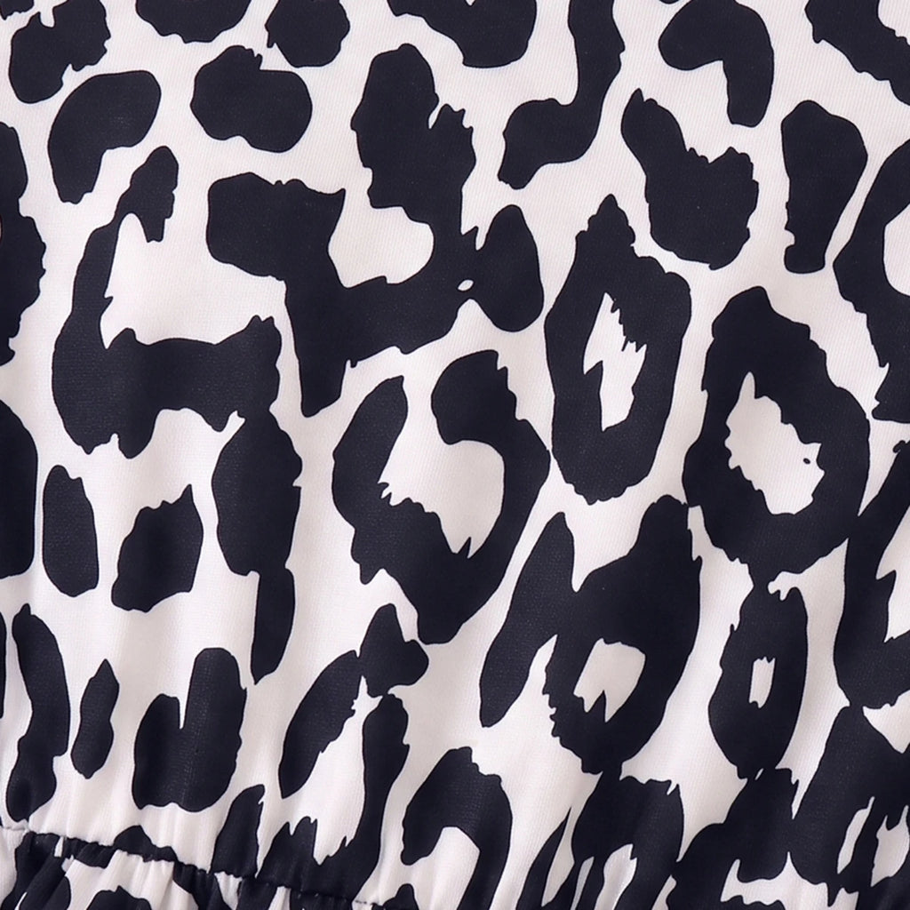 Girls Black Leopard Print Short Sleeve A-line Dress Casual Dresses