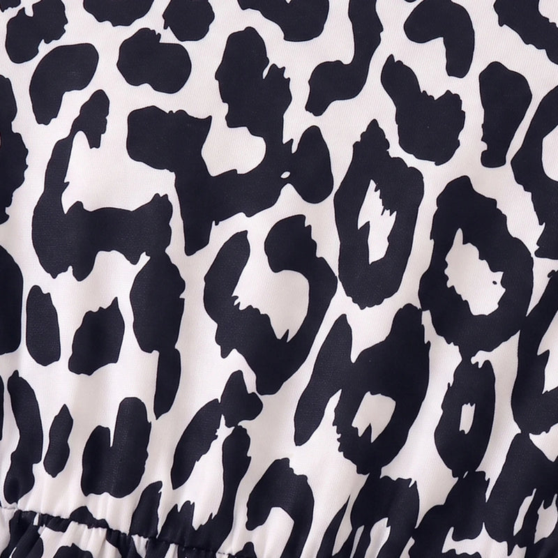 Girls Black Leopard Print Short Sleeve A-line Dress Casual Dresses