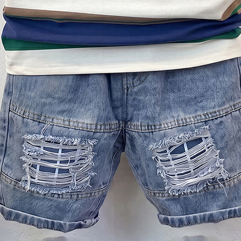 Boys Blue Striped Short Sleeve T-Shirt With Denim Shorts Sets 2 pc. Sets