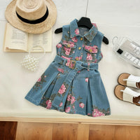 Girls Light Blue Floral Print Sleeveless Denim Shirt Dress Casual Dresses Light Blue 1-2 Y