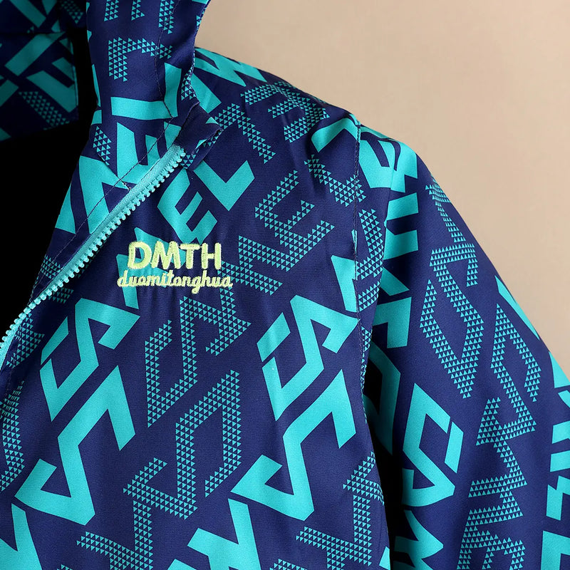 Boys Teal Typographic Printed Hooded Zipper Jacket Coats & Jackets