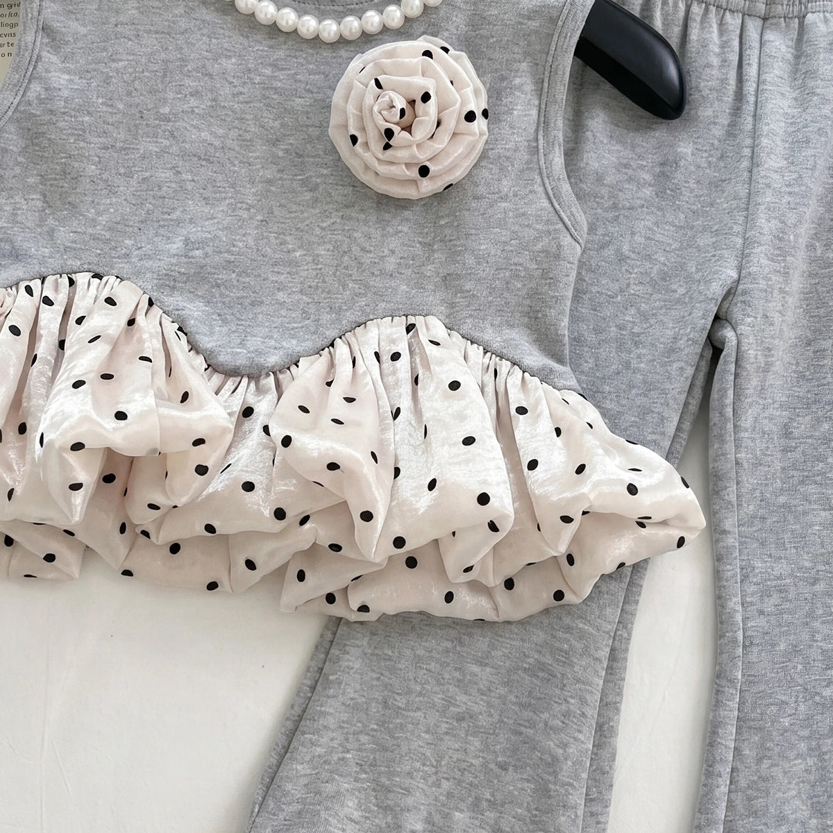 Girls Grey Pearl Embellished Peplum Ruffle Top With Pants Sets 2 pc. Sets