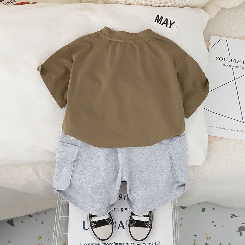 Boys Brown Bear Printed T-Shirt With Cargo Shorts Set 2 pc. Sets