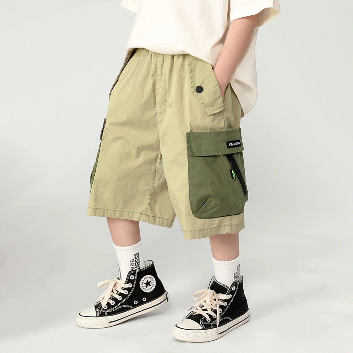Boys Khaki Cotton Cargo Shorts with Contrast Flap Pockets Shorts