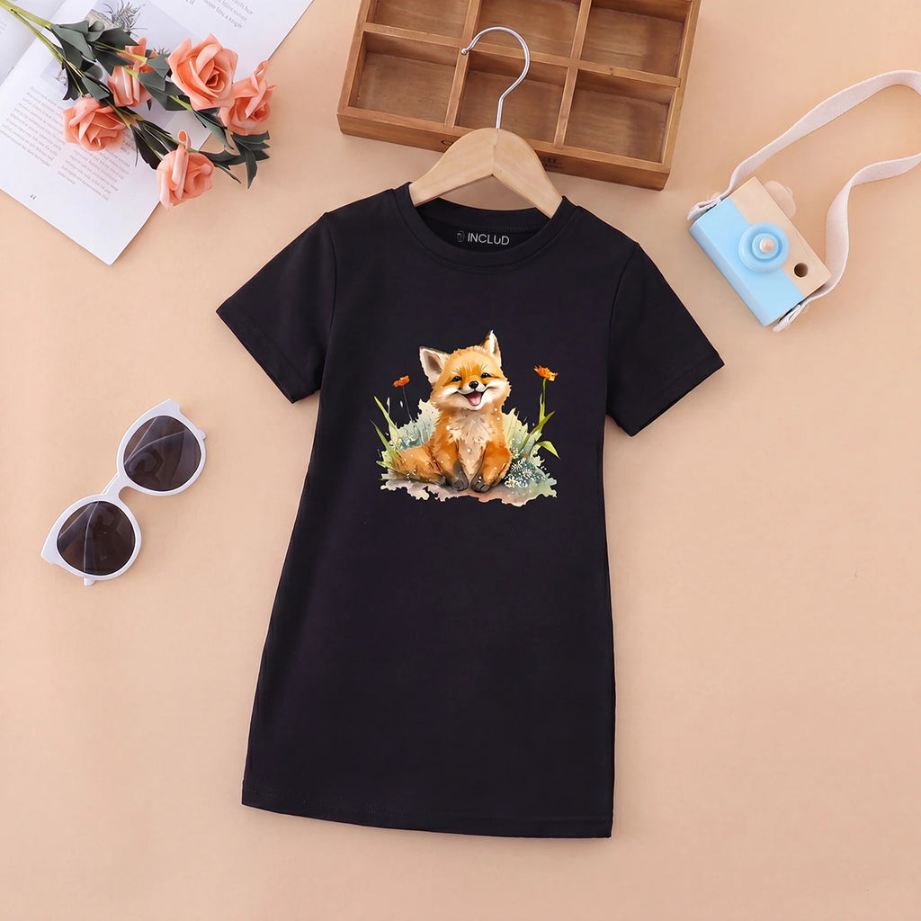 Girls Black Fox Print Short Sleeve T-Shirt Dress Casual Dresses Black 4-5 Y