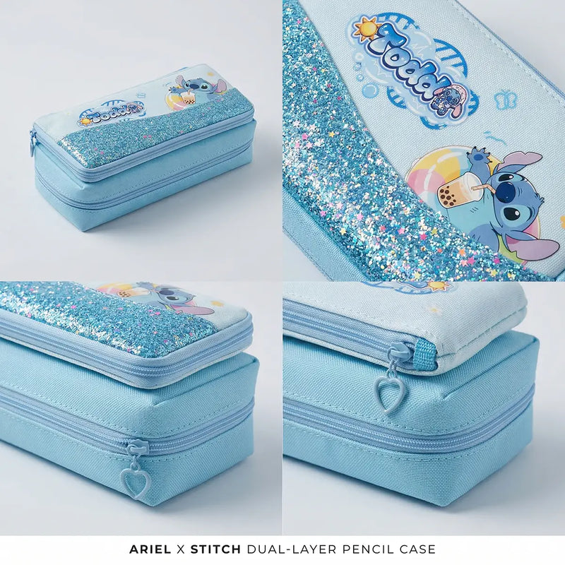 Girls Blue Disney Stitch School Pencil Case with Glitter Design Trending Accessories