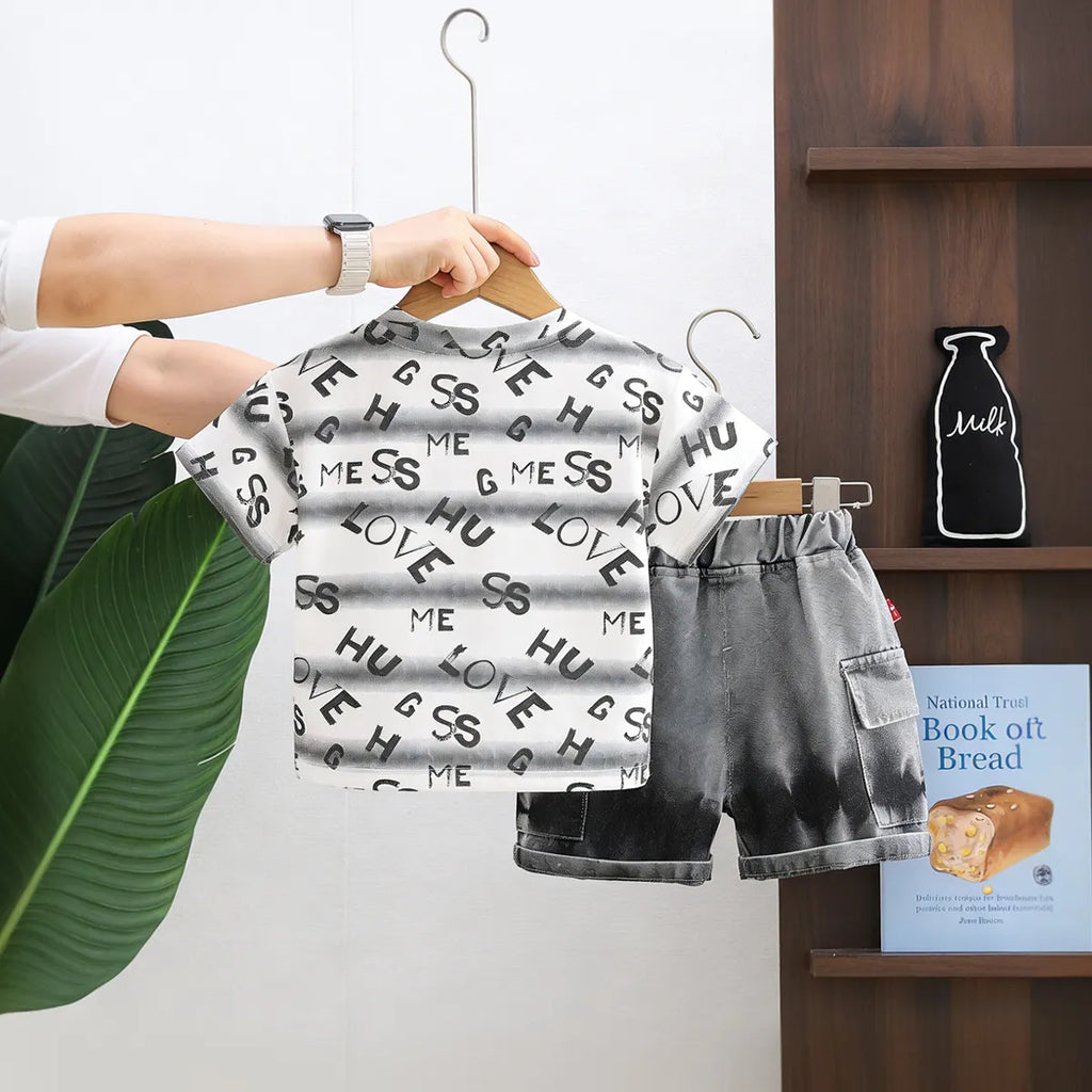 Boys Grey Typographic Print T-Shirt With Denim Shorts Set Sets