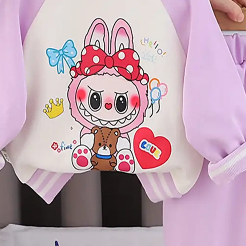Girls Purple Graphics Printed Varsity Jacket With T-Shirt & Jogger & Sling Bag Sets Sets