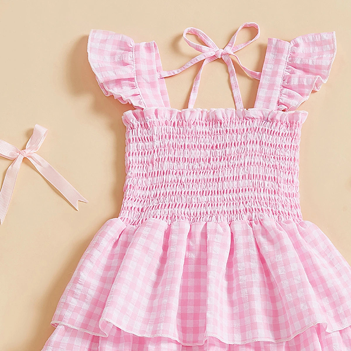 Girls Pink Checked Flutter Sleeve Smocked Tiered Dress Casual Dresses