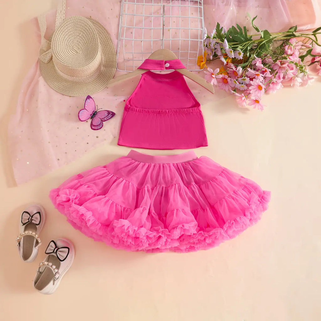 Girls Fuchsia Butterfly Applique Halter Top With Tiered Tulle Tutu Skirt Sets Sets