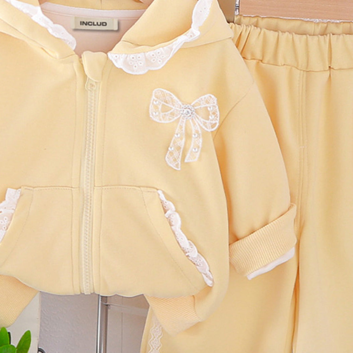Girls Lime Yellow Solid Hooded Sweatshirt With Pants Co-ord Set 2 pc. Sets