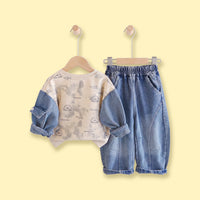 Boys Beige Typography Sweatshirt With Denim Pants Sets 2 pc. Sets