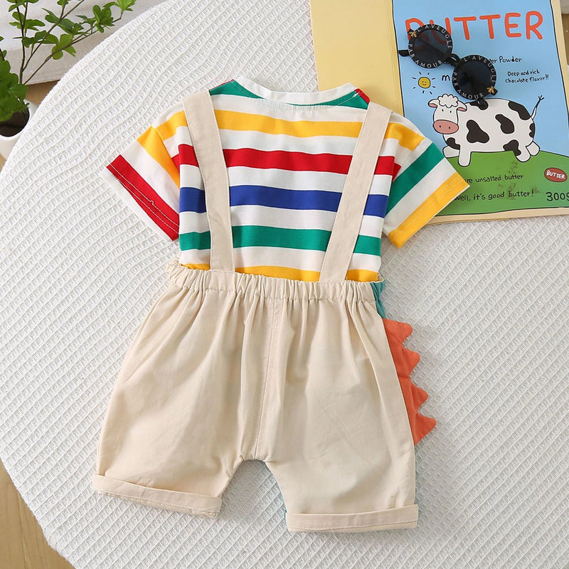 Boys Short Sleeve T-Shirt With Orange Dinosaur Applique Dungaree Sets 2 pc. Sets