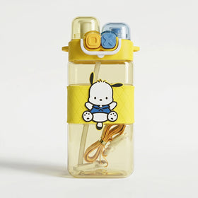 Cute Kids Yellow Dual Spout Water Bottle with Straw, Leakproof Lid & Adjustable Strap Trending Accessories Yellow Onesize