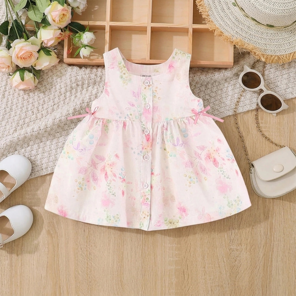 Girls Light Pink Fit And Flare Dress With Floral Print Casual Dresses Light Pink 1-2 Y