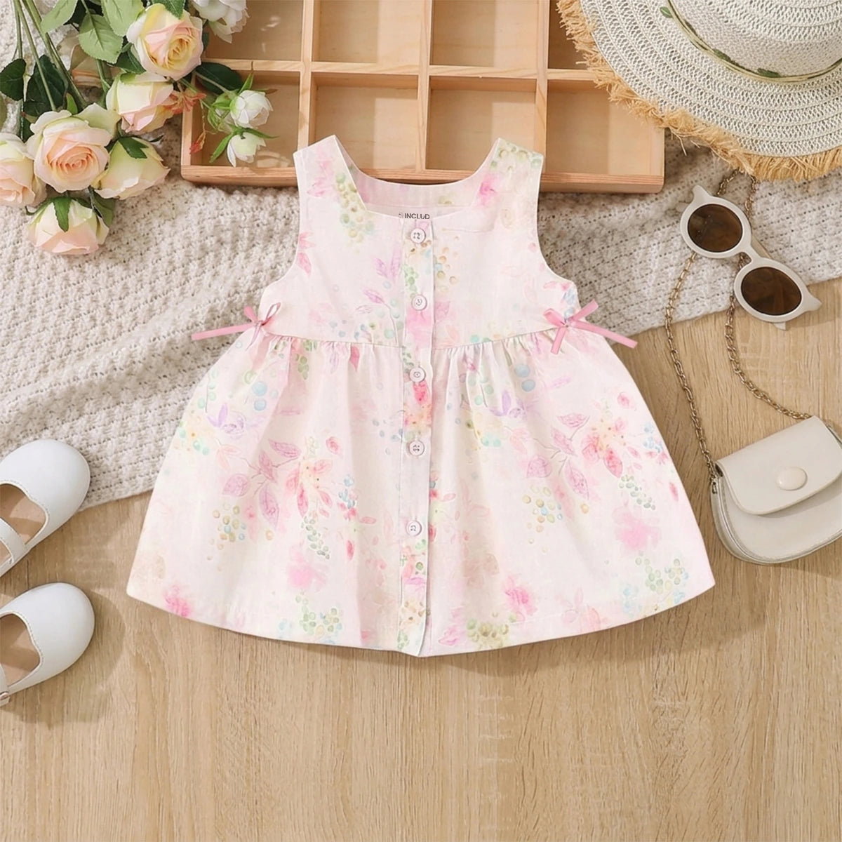 Girls Light Pink Fit And Flare Dress With Floral Print Casual Dresses Light Pink 1-2 Y