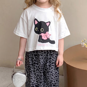 Girls White Short Sleeve Kitty Print T-Shirt With Pants Sets 2 pc. Sets
