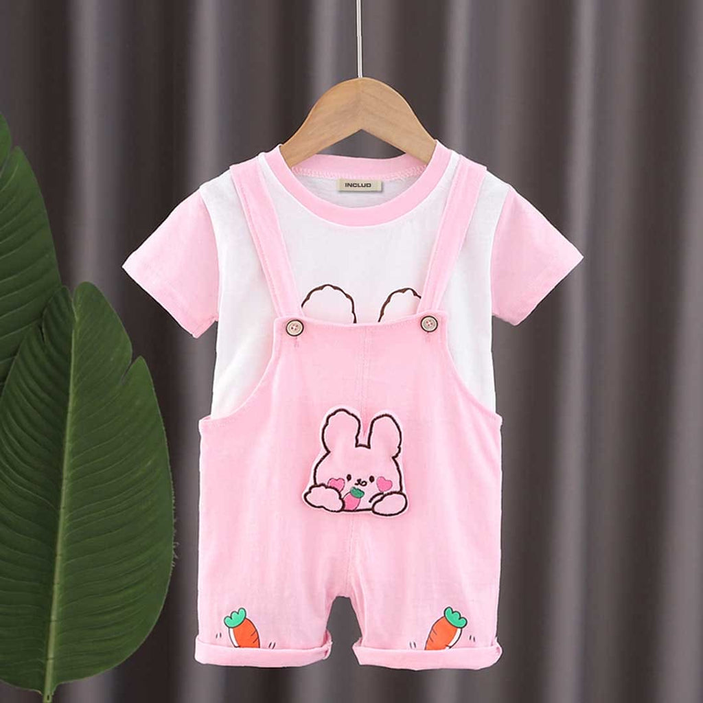 Girls Printed T-shirt with Bunny Patch Dungaree Set
