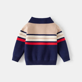 Boys Multicolor Half Zipper Polo Sweater With Self-Design Stripe Patterns Sweaters & Cardigans