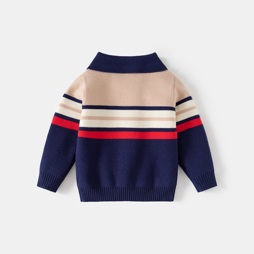 Boys Multicolor Half Zipper Polo Sweater With Self-Design Stripe Patterns Sweaters & Cardigans