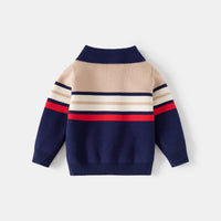 Boys Multicolor Half Zipper Polo Sweater With Self-Design Stripe Patterns Sweaters & Cardigans