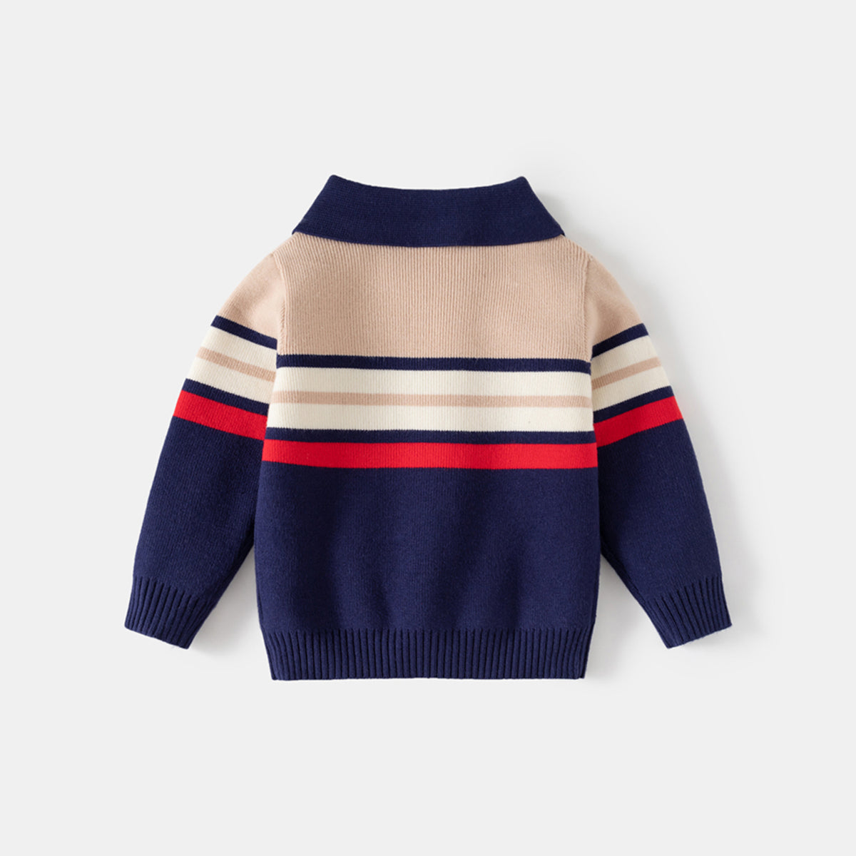 Boys Multicolor Half Zipper Polo Sweater With Self-Design Stripe Patterns Sweaters & Cardigans