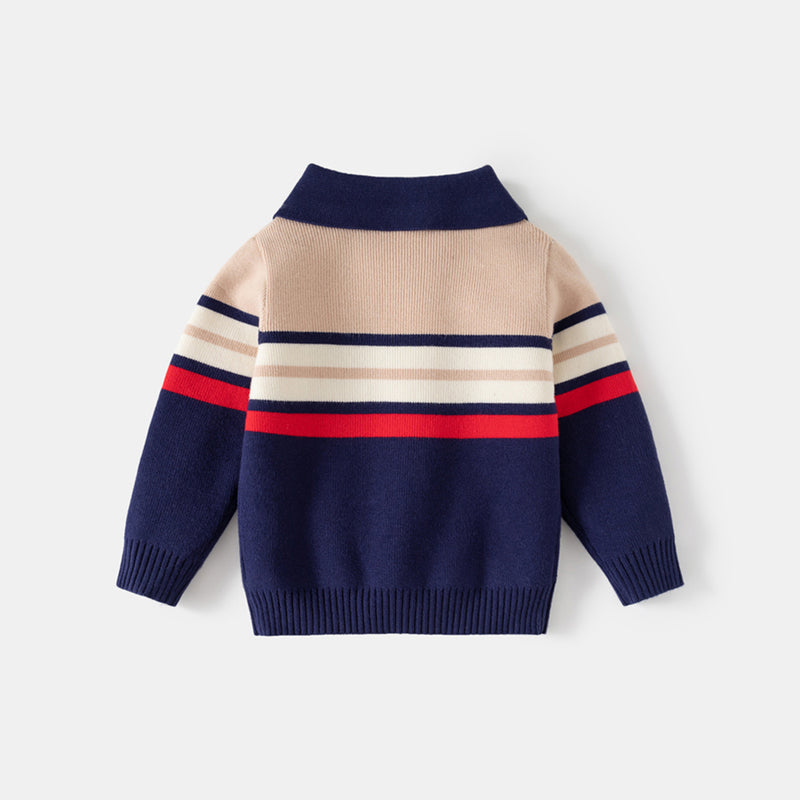 Boys Multicolor Half Zipper Polo Sweater With Self-Design Stripe Patterns Sweaters & Cardigans
