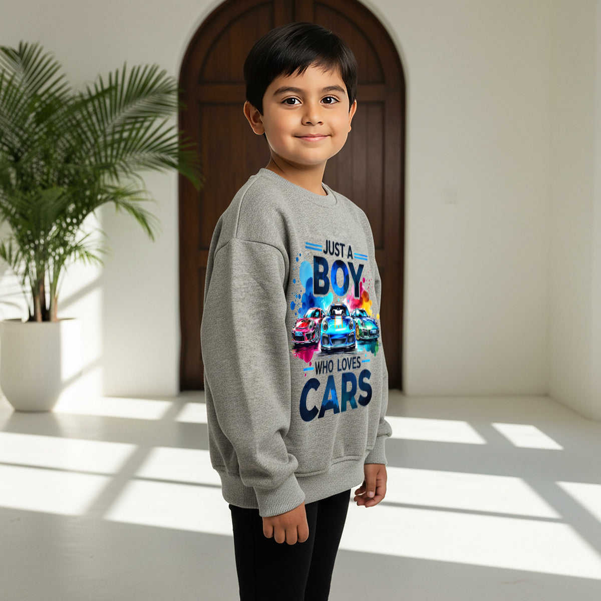 Boys Grey Car Graphics Round Neck Sweatshirt Sweatshirts & Hoodies